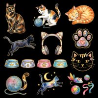 Watercolor cat clipart set with cute cats, paw prints, bowls, yarn, headphones, and toys, isolated on transparent background. Great for stickers, t-shirt design, print on demand.