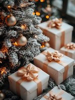Frosted Christmas tree with rose gold ornaments and white gift boxes decorated with satin bows. Warm bokeh lights create cozy holiday atmosphere.