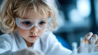 Young blonde girl in safety goggles conducting science experiment in laboratory, holding test tube with focused expression, representing STEM education and discovery.