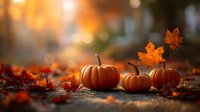 Autumn pumpkins on ground covered with fallen maple leaves at sunset with golden bokeh background. Perfect for seasonal harvest themes.