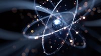 Glowing atomic model with orbiting electrons and nucleus on dark background, illustrating quantum physics and atomic structure for science concepts.