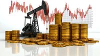 Oil pump jack with stacks of golden coins against financial chart background showing market volatility and commodity trading concept on reflective surface.