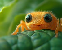 Extreme close-up of bright orange jumping spider with large eyes resting on green leaf surface. Macro photography captures fine details of arachnid in natural habitat.