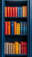 Colorful vintage hardcover books arranged on dark blue wooden shelves creating rainbow pattern. Academic library collection with red, orange, yellow and blue spines.