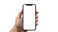 Hand holding modern smartphone with blank white screen mockup isolated on white background for app presentation and mobile interface design.