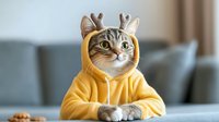 Adorable tabby cat wearing yellow reindeer hoodie sitting on couch in cozy living room. Funny pet costume for holidays and seasonal celebrations.