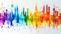 Rainbow colored sound wave visualization with paint splatter effect and vertical bars creating dynamic audio spectrum display on white background.