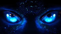 Glowing blue digital eyes with particle effect on black background, futuristic technological concept representing artificial intelligence and machine vision.