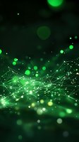 Abstract network connections with glowing dots and lines on dark green background with bokeh effect, suitable for technology and science concepts.