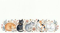Five adorable cats in different poses surrounded by decorative floral elements and hearts on cream background for pet lovers and animal themed designs.