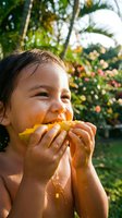 Young child, Southeast Asian ethnicity, enjoying fresh mango outdoors in tropical garden setting with palm trees and flowering plants. Candid moment capturing joy and summer refreshment.