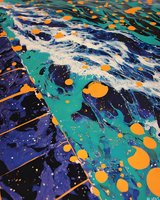 Vibrant abstract paint splatter artwork featuring flowing navy, turquoise, and orange colors with dynamic drips and circular elements. Contemporary art design.