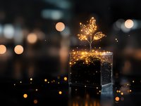 Magical glowing plant sprout in glass container with sparkling golden lights and bokeh effect against dark background, creating mystical atmosphere.