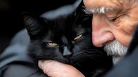Elderly man with gray beard gently holding black kitten with golden eyes, showing tender moment between senior person and young cat in warm indoor setting.