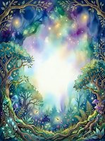 Enchanted forest clearing with glowing magical lights, mystical trees, and luminous foliage framing a radiant center, suitable for fantasy backgrounds and children's book illustrations.