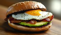 Appetizing breakfast burger with sunny side up egg, crispy bacon strips, fresh avocado slices, and melted cheese served on toasted sesame seed bun on wooden surface.