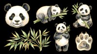 Adorable panda characters with bamboo leaves isolated on transparent background. Ready for t-shirt designs, stickers, clipart, sublimation, print-on-demand products and digital crafts.