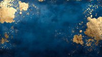 Luxurious navy blue and gold abstract background with metallic foil texture effect. Rich deep indigo surface decorated with scattered golden paint splatters and edges.