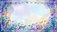 Watercolor cat border frame with paw prints and fish motifs in purple blue tones, empty center space for text or design elements on white background.