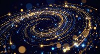 Golden spiral galaxy with glowing particles and light trails on dark blue background. Digital space concept for technology and science projects.