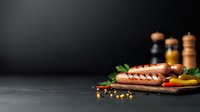 Grilled sausage hot dog with fresh vegetables and spices on rustic wooden board against dark background with copy space for menu or recipe.