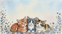 Three adorable kittens sitting together surrounded by delicate floral border with paw prints on soft pastel background for pet lovers and animal themes.