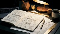Business planning workspace with handwritten notes, diagrams and coffee cup on dark desk under warm lamp light for productivity concepts.