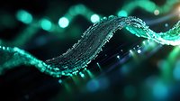 Glowing turquoise particles form dynamic flowing waves against dark background, creating mesmerizing abstract pattern with bokeh light effects and depth of field.