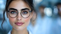 Young woman with glasses and natural makeup smiling at camera, dark hair in casual updo style against blurred blue background. Professional headshot for business.