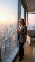 Professional businesswoman gazing through floor-to-ceiling windows at urban skyline during golden hour sunset from modern high-rise office or apartment interior.