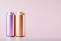 Purple and rose gold aluminum beverage cans on soft pink background with copy space, minimalist product photography for modern branding and packaging design.