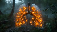 Glowing human lungs illuminated with magical orange light particles in misty dark forest, anatomical medical concept showing respiratory system health.