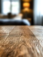 Close-up view of wooden table surface with natural grain texture and blur background, selective focus on rich brown wood patterns for product display.