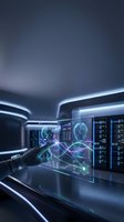 Futuristic data center with holographic interface displaying global network analytics and digital technology visualization for business intelligence.
