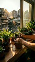 Hands tending to houseplants on windowsill with urban cityscape view during golden hour sunset light creating warm atmosphere for indoor gardening hobby.