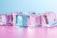 Colorful melting ice cubes with water droplets on pink and blue gradient background for refreshing summer drinks and cooling beverages concept.