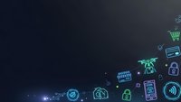 Digital technology icons floating on dark gradient background with glowing neon effects for modern business and e-commerce presentations.
