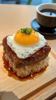 Braised beef short rib topped with sunny side up egg and chives served over steamed rice in savory sauce on wooden board, with coffee cup in background.