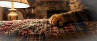 Fluffy ginger cat resting on plaid fabric indoors with warm lamp lighting, cozy home interior setting.