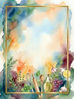 Watercolor culinary frame with cooking utensils, fresh herbs, garlic, grapes, and olive oil bottle on soft blended background. Ideal for recipe cards, food blogs, cooking websites, and kitchen decor designs.
