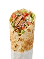 Grilled chicken wrap with fresh lettuce, tomato, and red onion in a whole wheat tortilla, isolated on white background for menu design and food service marketing.