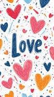 Playful seamless pattern with hand drawn hearts in pink, navy blue, and orange, featuring love lettering on white background. For valentines cards and romantic designs.