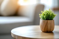 Small artificial green plant in wooden pot on round table with soft blurred living room background creates minimalist home decor atmosphere.