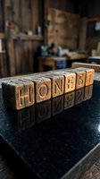 Wooden letter blocks spelling HONEST on reflective surface in rustic workshop setting conveying trust and integrity values for business branding.