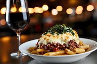 Baked pasta with melted mozzarella, meat sauce and fresh herbs served on white plate with red wine glass and warm bokeh lights in background.
