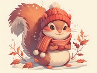 Adorable chipmunk wearing knitted winter hat and scarf surrounded by autumn leaves and falling snow, illustrated in warm coral and peach tones with soft textured style.