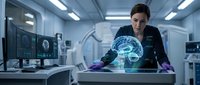 Female scientist examining holographic brain model in modern medical laboratory with advanced technology equipment and monitors.