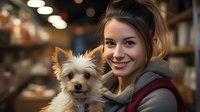 Young Caucasian woman in gray hoodie holding small Yorkshire terrier puppy, warm cafe interior with bokeh lights background creates cozy atmosphere.