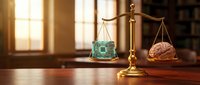 Golden scales of justice balancing artificial intelligence chip against human brain in warm courtroom setting representing technology versus humanity debate.
