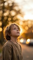 Young boy with curly hair looking up thoughtfully during golden hour sunset with warm bokeh lights creating dreamy atmosphere for childhood wonder concepts.